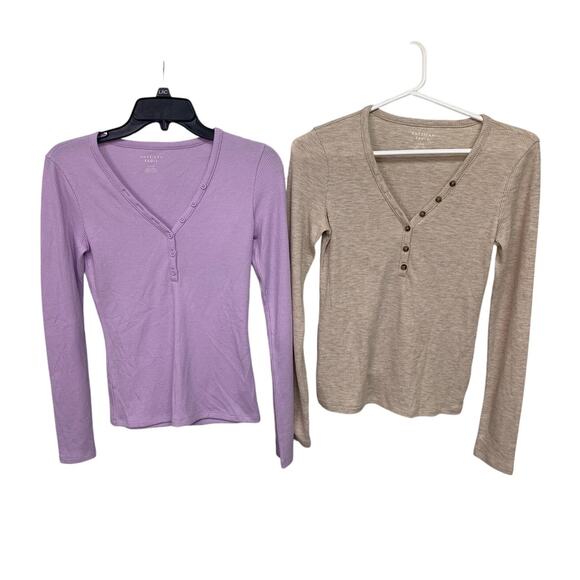 2 New American Eagle Womens Small Button Up Waffle VNeck Long Sleeve Lounge Tops - Picture 1 of 5